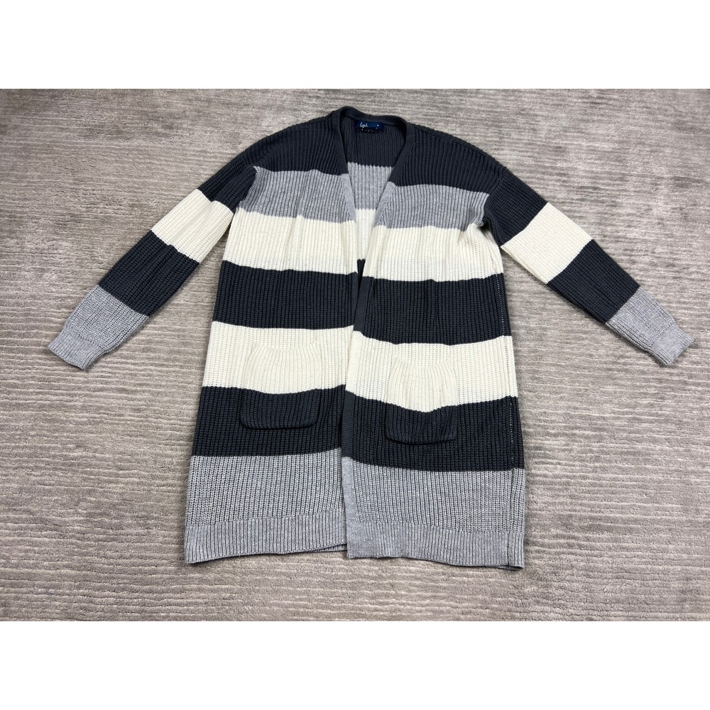 Lark & Grey Cardigan Women L Navy Striped Open Front Shaker Knit Longline Pocket